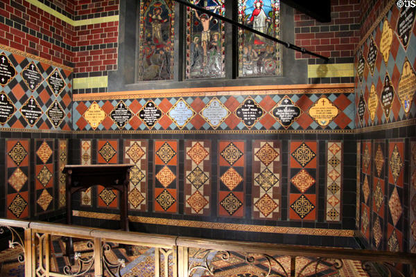 Encaustic church tiles (c1858) mostly by Minton & Co mostly salvaged from a decommissioned church in Derby at Jackfield Tile Museum. Ironbridge, England.