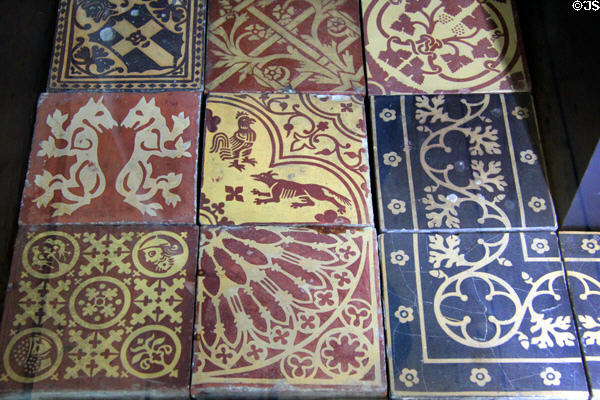 Collection of Victorian encaustic Gothic Revival church floor tiles (1830-80s) at Jackfield Tile Museum. Ironbridge, England.