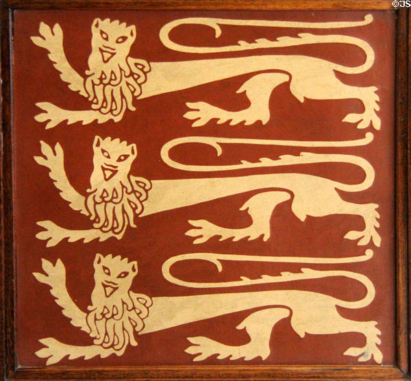 Encaustic Gothic Revival lion tile from Palace of Westminster (rebuilt 1840-76) by A.W.N. Pugin made by Minton & Co at Jackfield Tile Museum. Ironbridge, England.