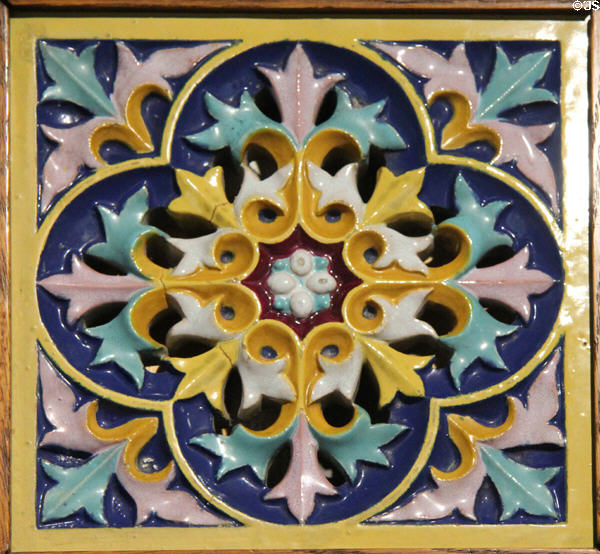 Pierced majolica tile for Great Stove of Pugin's Gothic Court exhibited during Great Exhibition (1851) by A.W.N. Pugin made by Minton & Co at Jackfield Tile Museum. Ironbridge, England.