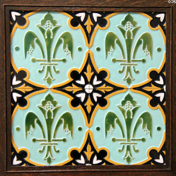 Relief tile for Great Stove of Pugin's Gothic Court exhibited during Great Exhibition (1851) by A.W.N. Pugin made by Minton & Co at Jackfield Tile Museum. Ironbridge, England.