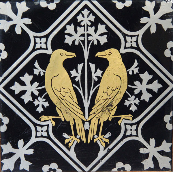 Transfer-printed tile with birds (mid 1800s) by A.W.N. Pugin made by Minton & Co at Jackfield Tile Museum. Ironbridge, England.