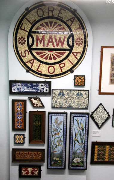 Selection of Craven Dunnill & Co plus Maw & Co tiles (19th & 20th C) at Jackfield Tile Museum. Ironbridge, England.