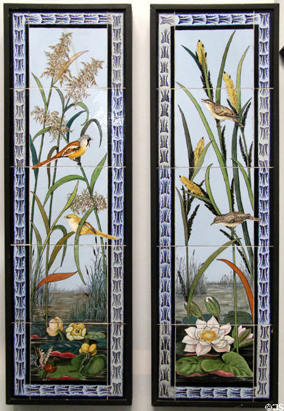 Pair of fireplace tile panels painted with birds (1880s or 90s) by Maw & Co at Jackfield Tile Museum. Ironbridge, England.