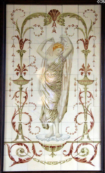 Tile panel painted with draped female surrounded by foliage at Jackfield Tile Museum. Ironbridge, England.