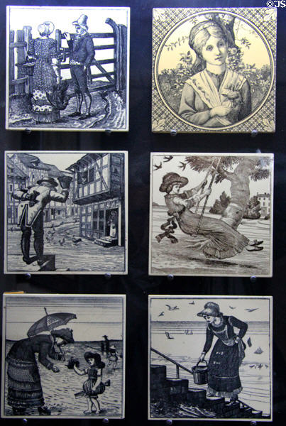 Antique transfer printed scenes (c1880s) prob. by Maw & Co at Jackfield Tile Museum. Ironbridge, England.