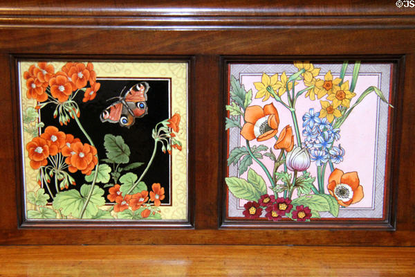 Tiles with flowers & butterflies on washstand (c1883) by Maw & Co at Jackfield Tile Museum. Ironbridge, England.