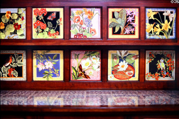 Tiles with flowers on washstand (c1883) by Maw & Co at Jackfield Tile Museum. Ironbridge, England.