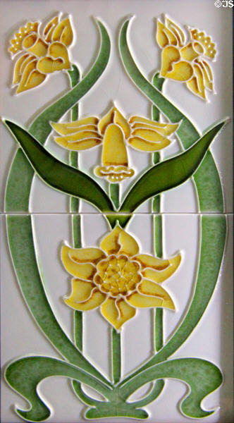 Daffodil Art Nouveau style tiles (c1880-1910) by Maw & Co and Craven Dunnill & Co at Jackfield Tile Museum. Ironbridge, England.