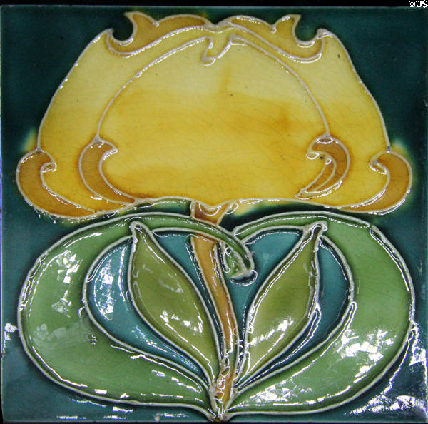 Abstract flower Art Nouveau style tiles (c1880-1910) by Maw & Co and Craven Dunnill & Co at Jackfield Tile Museum. Ironbridge, England.