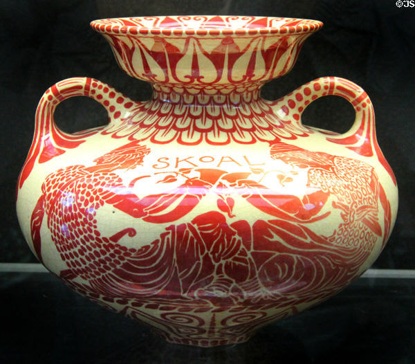 Skoal vase painted ruby red (1898-1900) by Walter Crane for Maw & Co at Jackfield Tile Museum. Ironbridge, England.