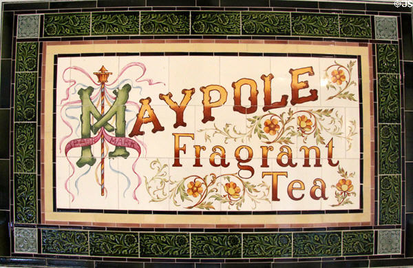 Maypole Fragrant Tea hand-painted advertising tile panel (c1910) by Craven Dunnill & Co at Jackfield Tile Museum. Ironbridge, England.