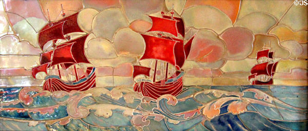 Galleons at Sea tile panel (c1910) by Craven Dunnill & Co at Jackfield Tile Museum. Ironbridge, England.