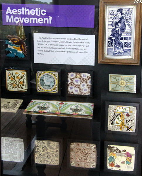 Display of Aesthetic Movement tiles inspired by East Asian & Japanese designs (1870-1900) at Jackfield Tile Museum. Ironbridge, England.