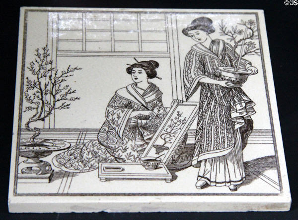 Aesthetic Movement tile inspired by women engaged in Japanese arts (1870-1900) prob by Maw & Co at Jackfield Tile Museum. Ironbridge, England.