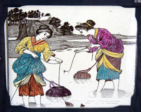 Aesthetic Movement tile inspired by women engaged in Japanese fishing (1870-1900) prob by Maw & Co at Jackfield Tile Museum. Ironbridge, England.