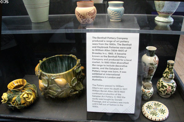 Array of ceramics (1880s) by Benthall Pottery Co at Jackfield Tile Museum. Ironbridge, England.