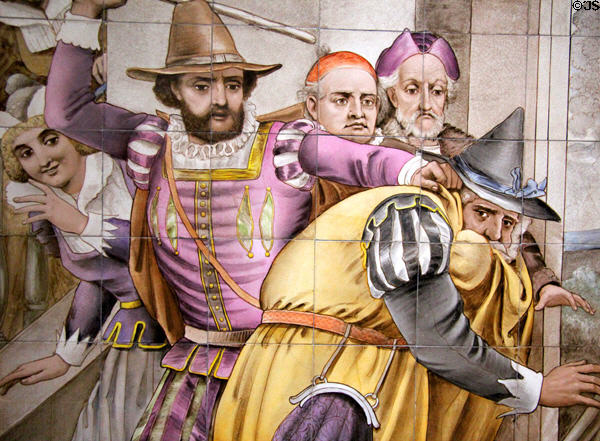 Arts & Crafts tile panel depicting Shakespeare's Merry Wives of Windsor (c1900) by Stained Glass Works, London at Jackfield Tile Museum. Ironbridge, England.