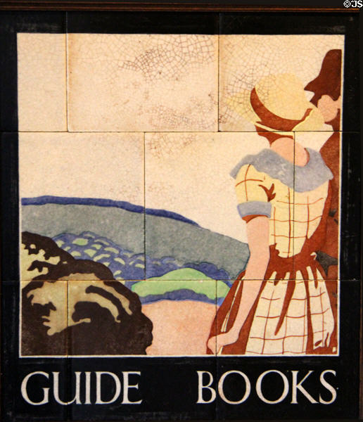 Guide Books tile panel decorations made for W.H. Smith book stores in England & Wales (1925-30) by Carter & Co at Jackfield Tile Museum. Ironbridge, England.