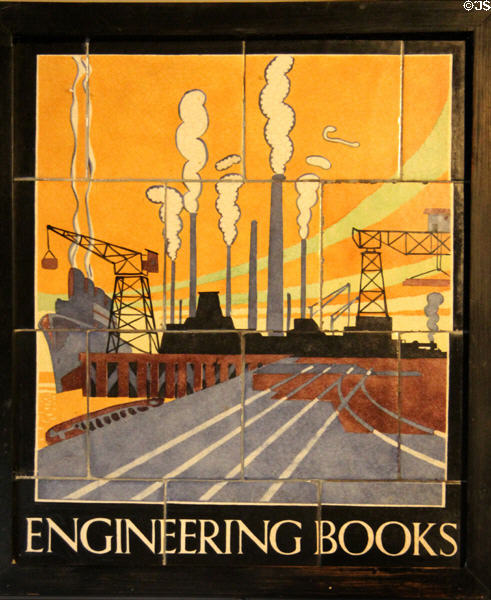 Engineering Books tile panel decorations made for W.H. Smith book stores in England & Wales (1925-30) by Carter & Co at Jackfield Tile Museum. Ironbridge, England.