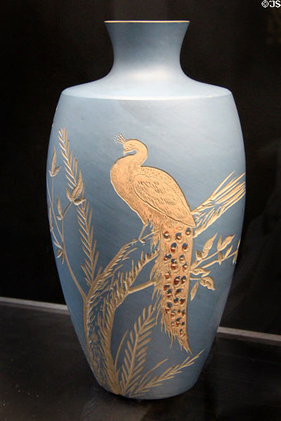 Salopian vase incised with peacock on light bluebackground (c1901-25) by Benthall Pottery at Jackfield Tile Museum. Ironbridge, England.