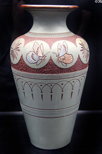 Salopian vase incised with butterflies on light gray & redbackground (c1901-25) by Benthall Pottery at Jackfield Tile Museum. Ironbridge, England.