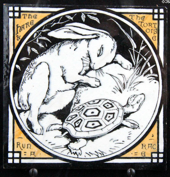 Hare & Tortoise Run a Race from Aesop's Fables tiles (c1870s) by John Moyr Smith for Minton & Co at Jackfield Tile Museum. Ironbridge, England.