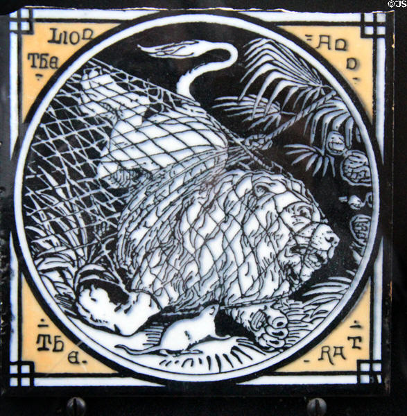 Lion & the Rat tale from Aesop's Fables tiles (c1870s) by John Moyr Smith for Minton & Co at Jackfield Tile Museum. Ironbridge, England.