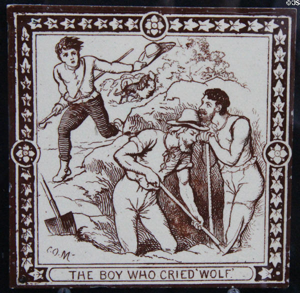 Aesop's Fable of Boy Who Cried Wolf (one of set of 12 transfer printed tiles) (c1880) by C.O. Murray for Maw & Co at Jackfield Tile Museum. Ironbridge, England.