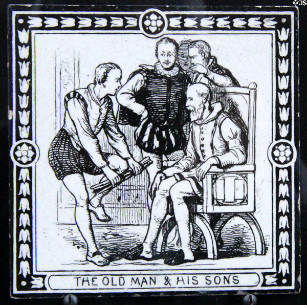 Aesop's Fable of Old Man & His Son (from set of 12 transfer printed tiles) (c1880) by C.O. Murray for Maw & Co at Jackfield Tile Museum. Ironbridge, England.