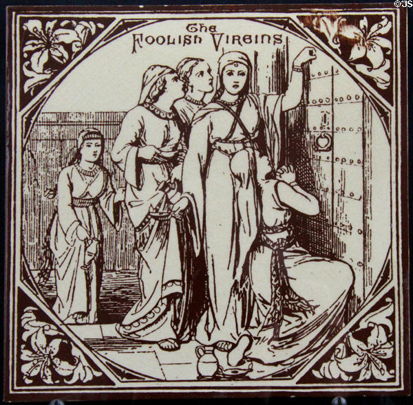 Parable of the Foolish Virgins tile from New Testament (c1880) by C.O. Murray for Maw & Co at Jackfield Tile Museum. Ironbridge, England.