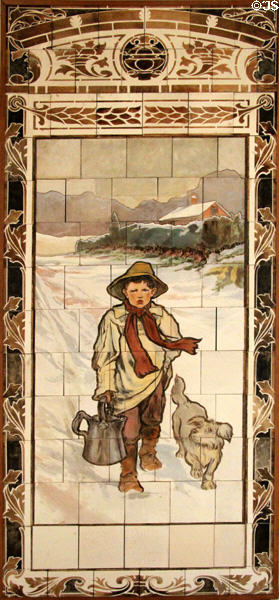 Boy carrying metal jug through snow with dog tile panel perhaps by Maw & Co at Jackfield Tile Museum. Ironbridge, England.