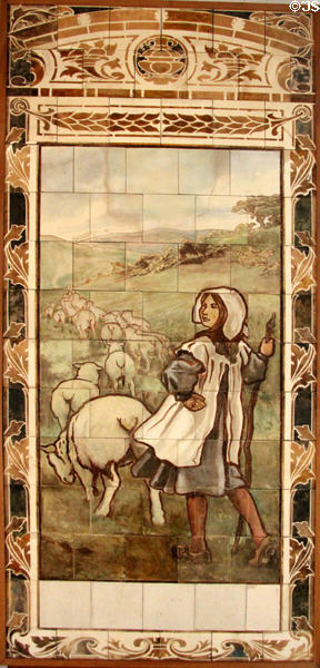 Sheep herding tile panel perhaps by Maw & Co at Jackfield Tile Museum. Ironbridge, England.