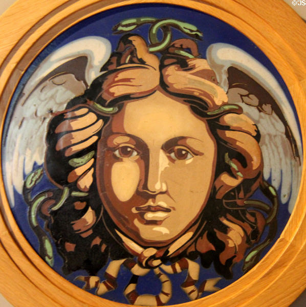 Encaustic floor tile depicting Medusa (1895) by Minton & Co at Jackfield Tile Museum. Ironbridge, England.