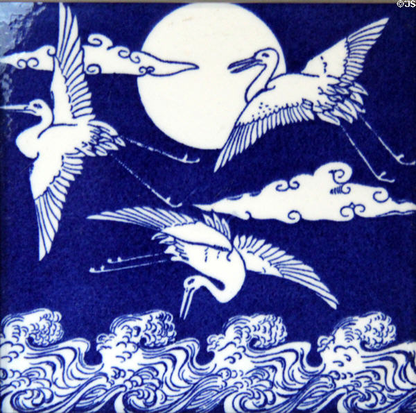 Japanese cranes transfer-printed tile (1874) by Christopher Dresser for Minton China Works at Jackfield Tile Museum. Ironbridge, England.