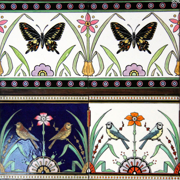 Hand-painted nature tile panels (late 19thC) by Christopher Dresser for Minton China Works at Jackfield Tile Museum. Ironbridge, England.