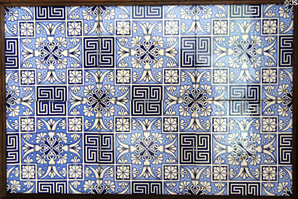 Greek key transfer-printed tile panel (late 19thC) by Christopher Dresser for Minton China Works at Jackfield Tile Museum. Ironbridge, England.