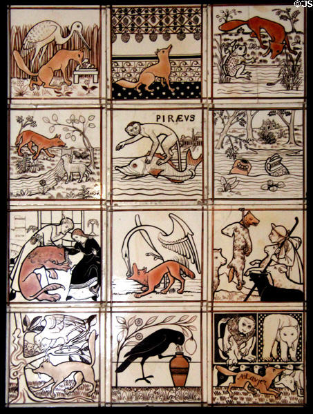 Aesop's Fables tile panel by A. Lavjer for Minton Hollins & Co at Jackfield Tile Museum. Ironbridge, England.