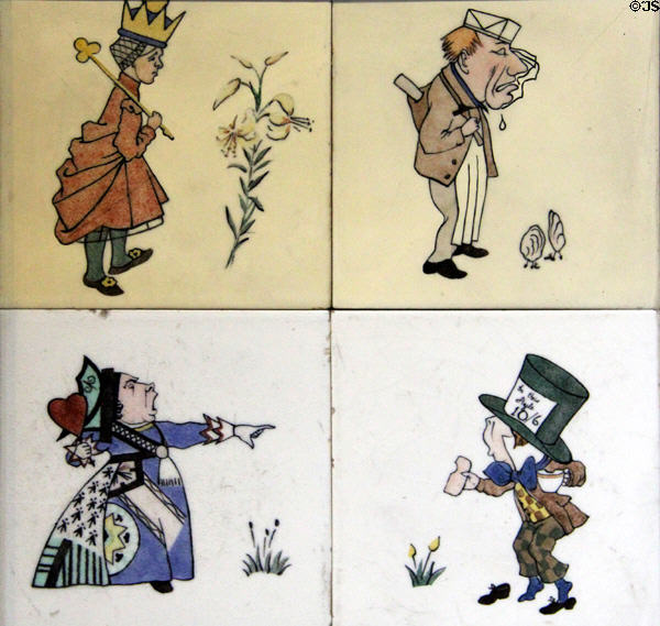 Hand-painted stenciled tile showing Alice in Wonderland characters (1950s) by C.F.A. Voysey (after John Tenniel) for Dunsmore Tiles at Jackfield Tile Museum. Ironbridge, England.