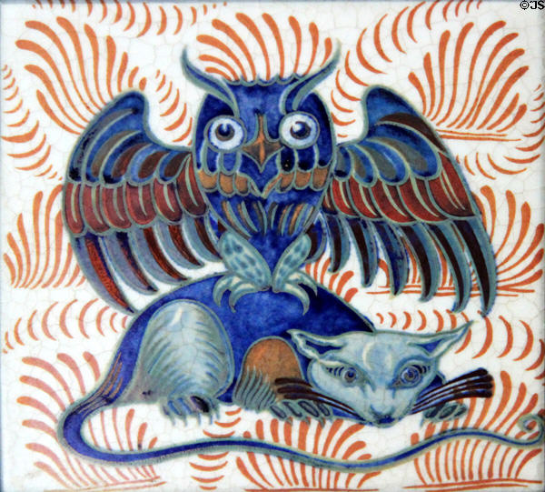 Owl capturing mammal hand-painted tile (1898) by William De Morgan at Jackfield Tile Museum. Ironbridge, England.