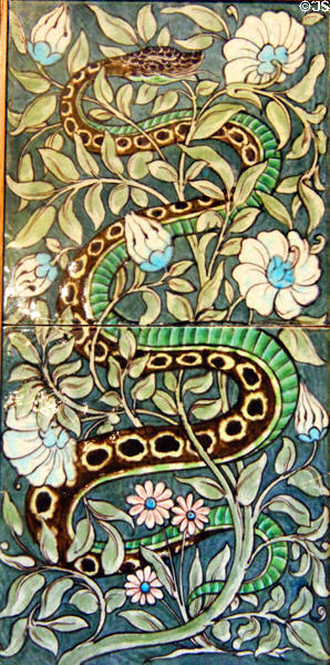 Serpent hand-painted tile panel (c1880-90s) by William De Morgan at Jackfield Tile Museum. Ironbridge, England.