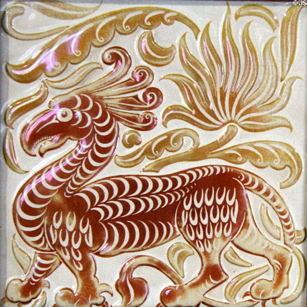 Griffin relief-moulded lustre tile (1888-97) by William De Morgan with Halsey Ricardo at Jackfield Tile Museum. Ironbridge, England.