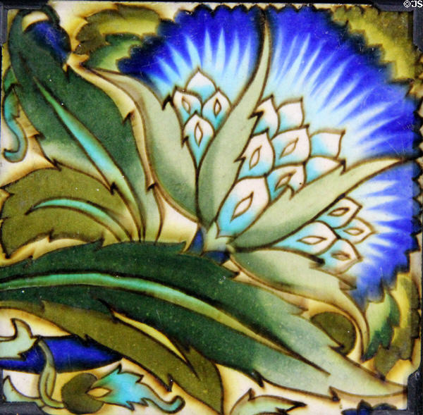 Floral hand-painted tile (c1880-90s) by William De Morgan at Jackfield Tile Museum. Ironbridge, England.