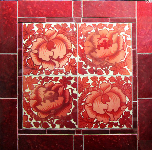 Floral hand-painted tiles (c1880-90s) by William De Morgan at Jackfield Tile Museum. Ironbridge, England.