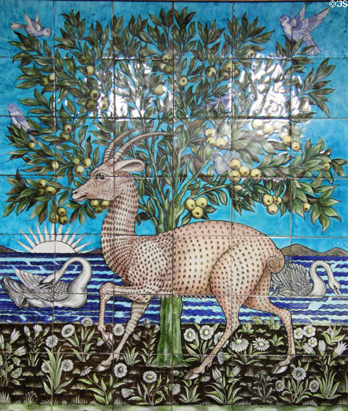 Antelope hand-painted tile panel (c1880) by William De Morgan at Jackfield Tile Museum. Ironbridge, England.