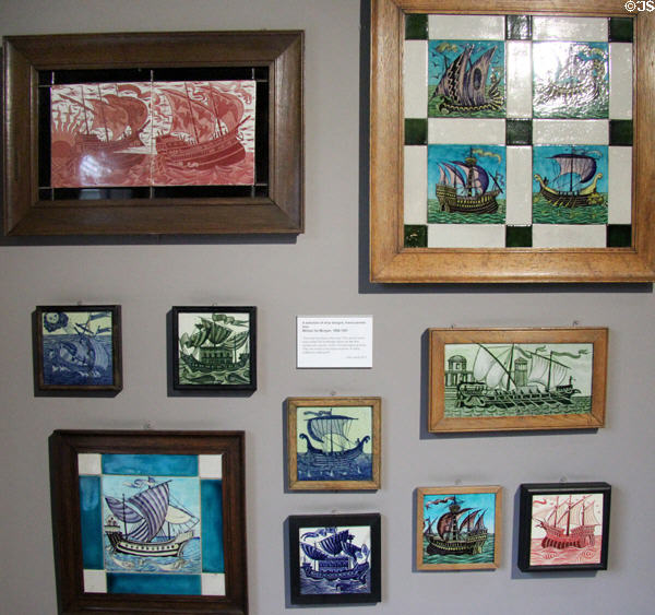 Sailing ship hand-painted tile panels (1888-97) by William De Morgan at Jackfield Tile Museum. Ironbridge, England.