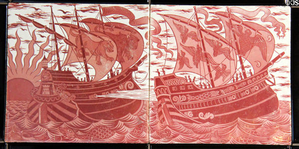 Sailing ship firing canons hand-painted tiles (1888-97) by William De Morgan at Jackfield Tile Museum. Ironbridge, England.