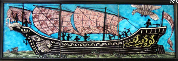 Sinbad's sailing ship fighting off Roc hand-painted tile panel (1882-88) by William De Morgan at Jackfield Tile Museum. Ironbridge, England.