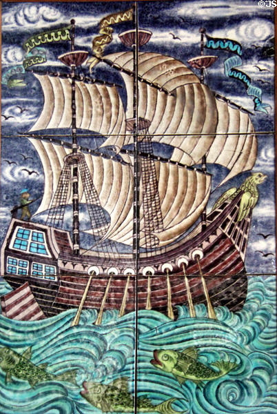 Sailing ship with monkey at helm hand-painted tile panel (1888-97) by William De Morgan at Jackfield Tile Museum. Ironbridge, England.