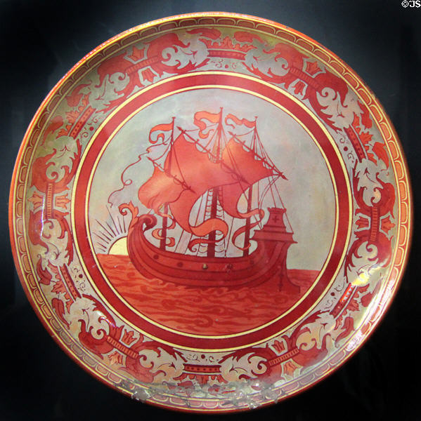 Sailing ship ceramic plate (c1888-97) by William De Morgan at Jackfield Tile Museum. Ironbridge, England.